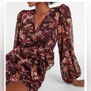 Express Floral Print Faux Wrap Ruffle Floral Long Sleeve V neck Mini Dress XS